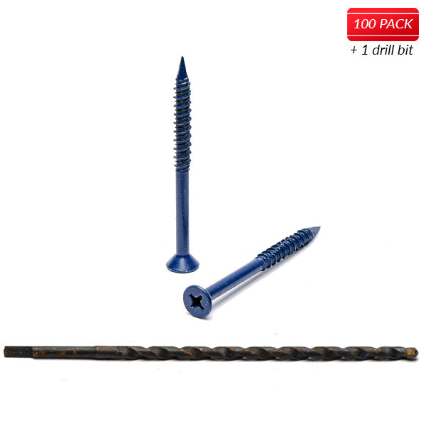 1/4" X 3-1/4" Phillips Flat Head Blue Concrete Screws to Anchor Masonry, Block & Brick 100 Qty with Drill Bit by Bridge Fasteners