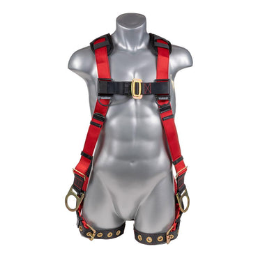 Construction Safety Harness 5 Point, Grommet Legs, Padded Back, Back/Side D-Ring, Red - Defender Safety Products