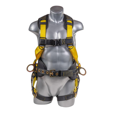 Construction Safety Harness 5 Point, Back Padded, QCB Chest, Grommet Legs, Back/Side D-Rings, Positioning Belt, Yellow - Defender Safety Products