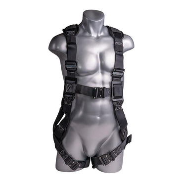 Construction Safety Harness 5 Point, QCB, Padded Back, Grommet Legs, Back D-Ring, Black - Defender Safety Products