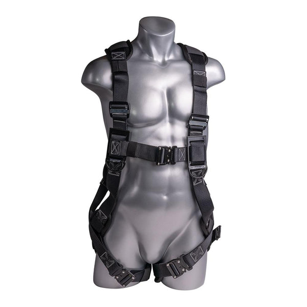 Construction Safety Harness 5 Point, QCB, Padded Back, Grommet Legs, Back D-Ring, Black - Defender Safety Products